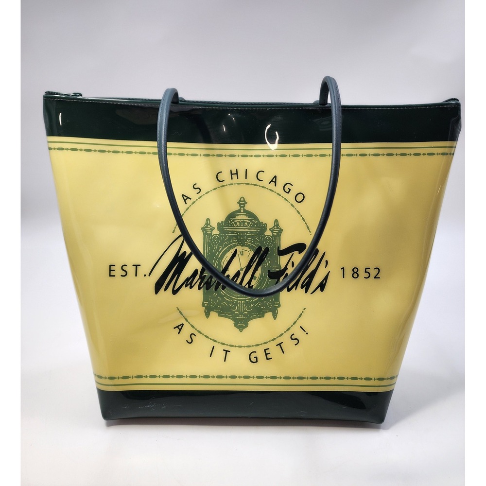 Vintage Marshall Fields Chicago Clock Logo Vinyl Tote Bag Green Cream Zippered